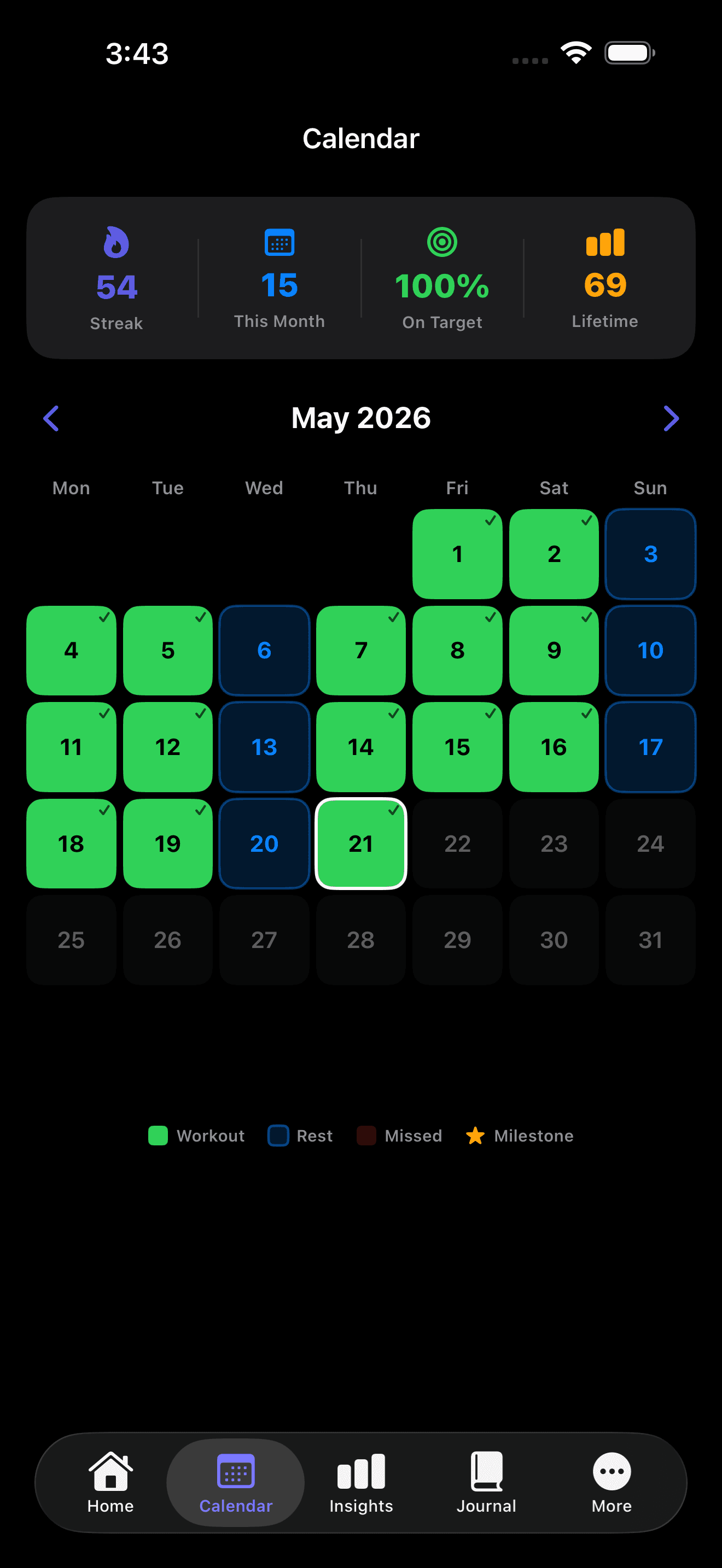 LiftDay calendar filled with workout and rest day markers